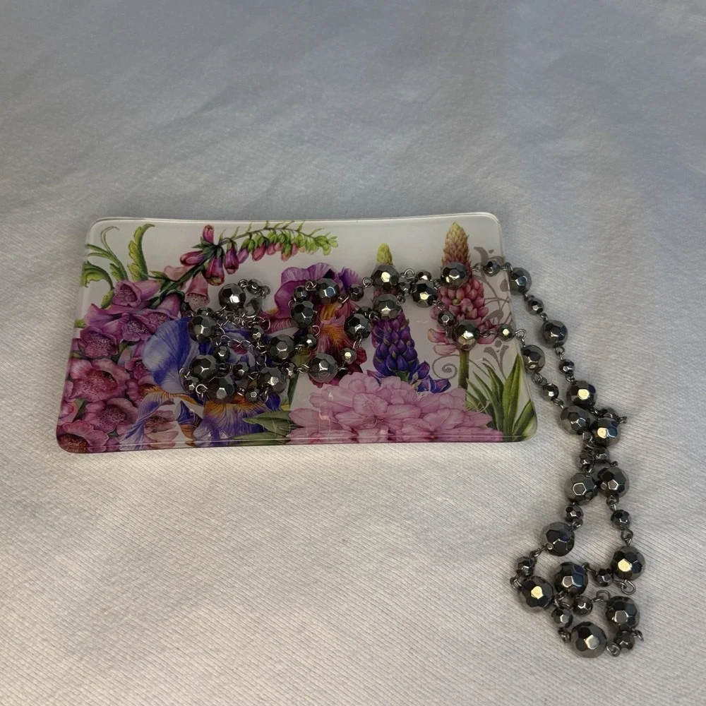 Michel Design Works Floral Glass Trinket Tray Jewelry Soap Dish Botanical